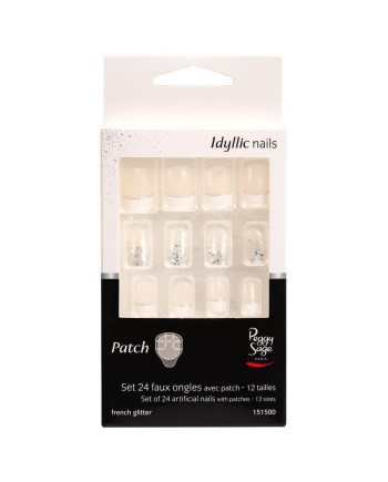 Juego de 24 uñas artificiales con parche - French glitter