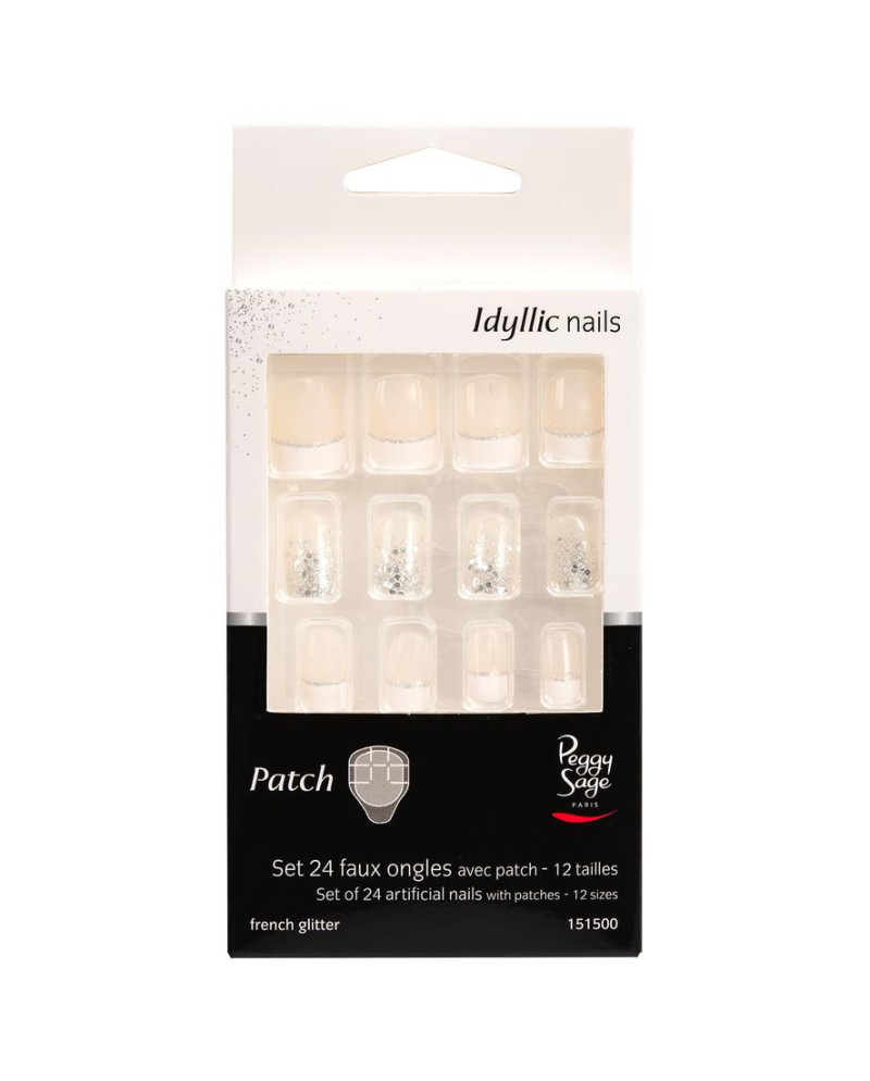 Juego de 24 uñas artificiales con parche - French glitter